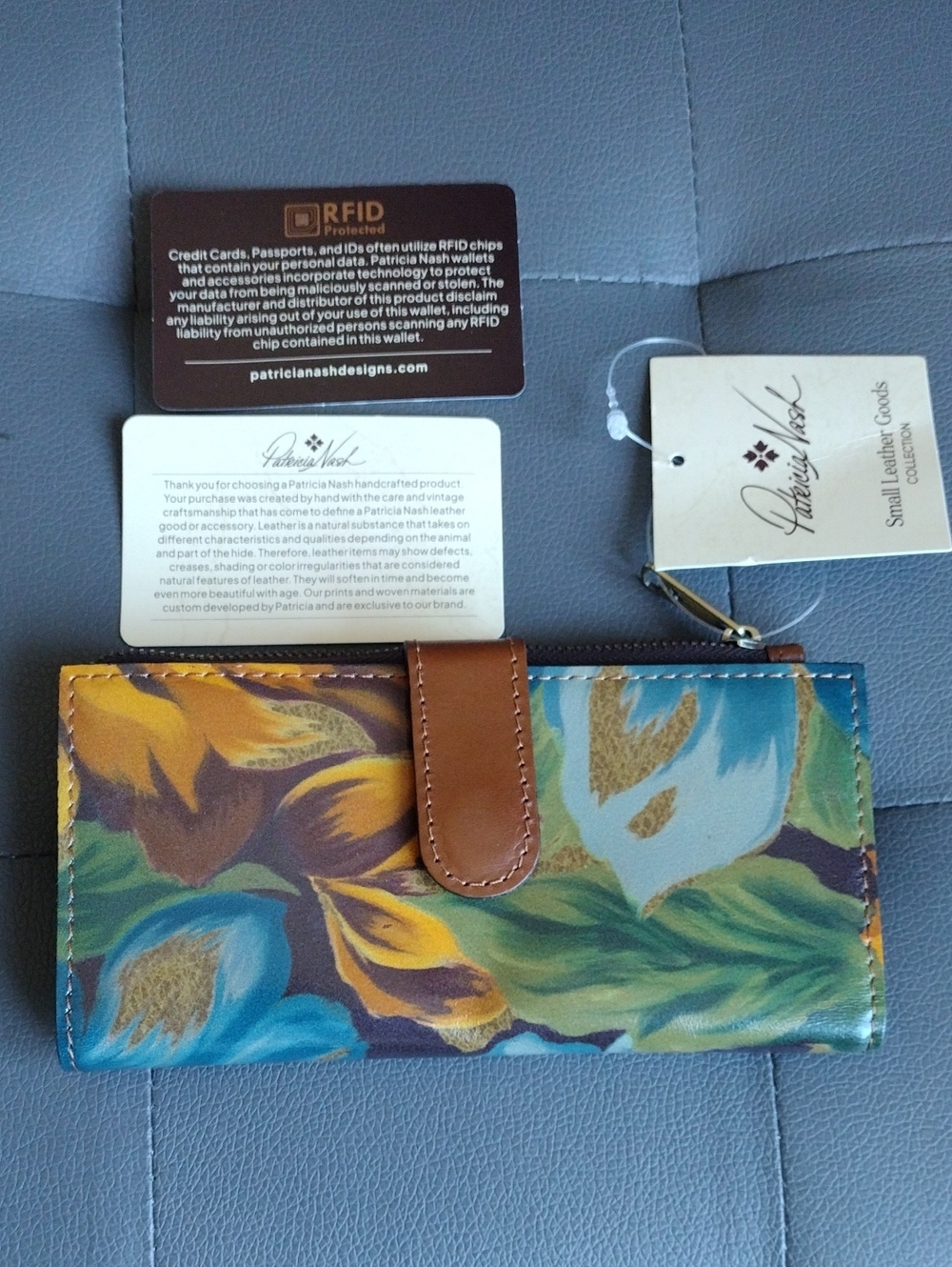 Patricia Nash Floral Leather RFID Wallet in Blue, Yellow & Green with Tan Trim